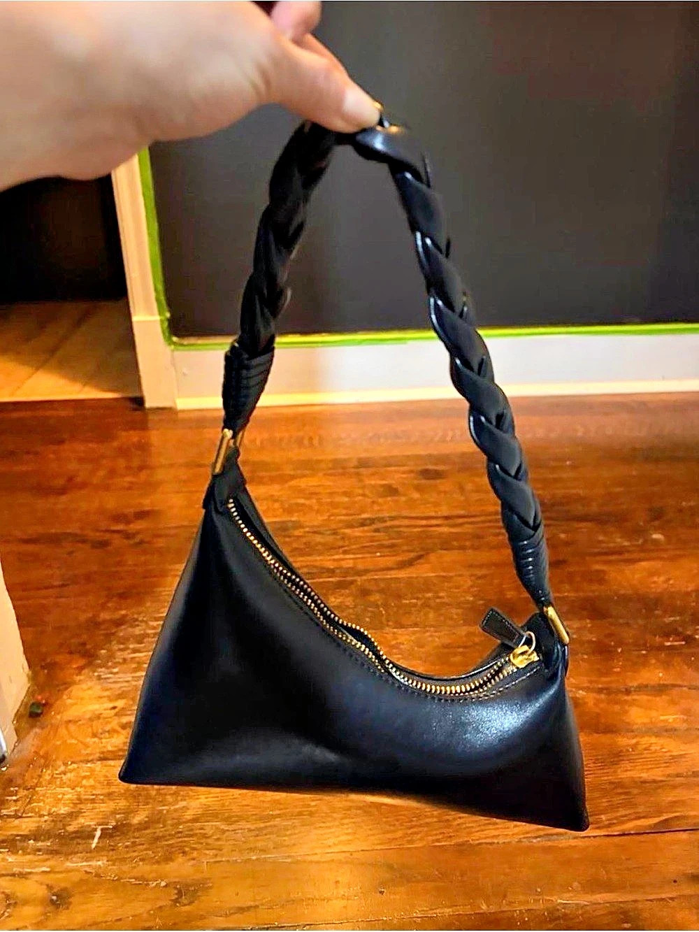 Madison West Braid Handle Asymmetric Shoulder Bag Black Shoulder Bag
